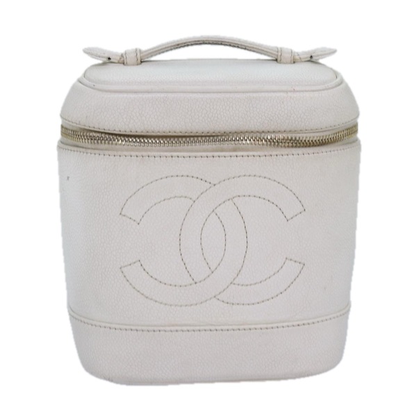 CHANEL COCO Mark Vanity Pouch Caviar Skin White Gold CC Auth yk14381 - Picture 13 of 16